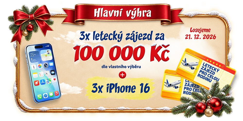 Hlavní ceny: tři zájezdy v hodnotě 100 000 Kč a tři iPhony 16. Losování 21. prosince 2026.
