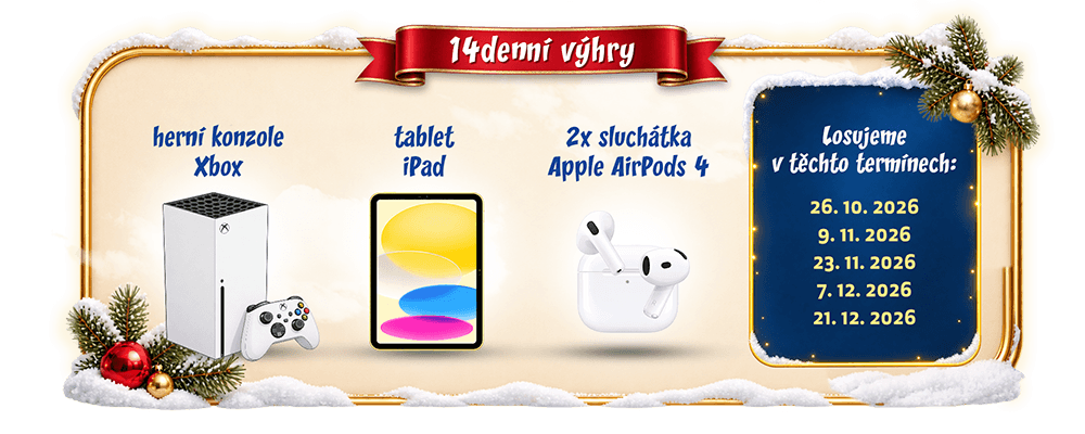 Dvoutýdenní ceny: Xbox, iPad a AirPods 4. Losování 26. října, 9. listopadu, 23. listopadu, 7. prosince a 21. prosince 2026.