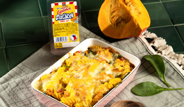 Zapečené těstoviny s dýní, Lipánkem Zlatáčkem, šunkou, špenátem a krémovou dýňovou omáčkou